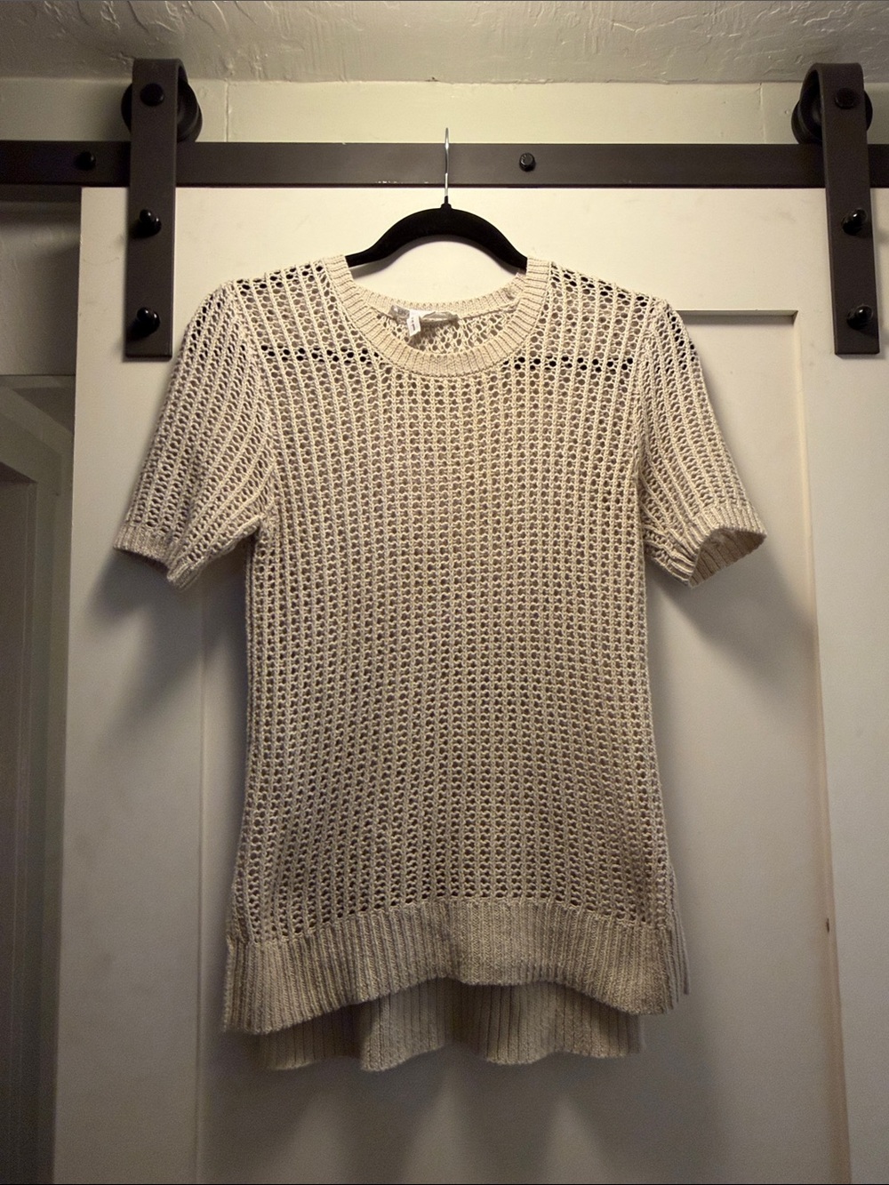 BCBGeneration Cream Open-Weave Short Sleeve Crewneck Sweater